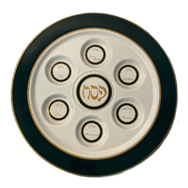 צלחת הסדר פורצלן עם גבול בצבע ירוק | פסח | יוּדָאִיקָה